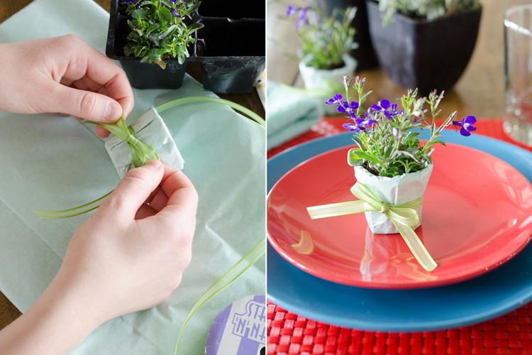 Cover them in fabric or tissue paper to make tiny, decorative planters.