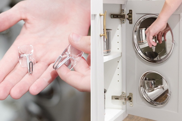 20 Genius Ways To Organize Your Kitchen Cabinets The Krazy Coupon Lady Organize Pot Lids With Command Hooks
