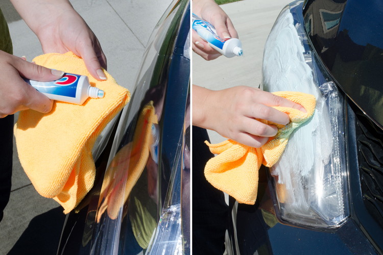 Use baking soda toothpaste to rub away the grime on headlights. 