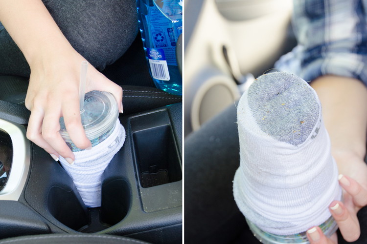 Use an old sock, Windex, and a travel cup to clean cup holders.