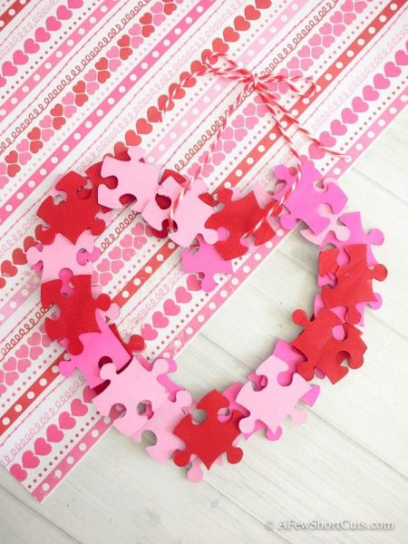 Use a puzzle from the Dollar Store to make a heart-shaped puzzle piece wreath