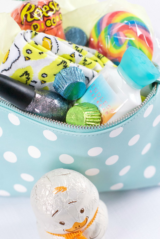 Fill a makeup bag with goodies for teenage girls.