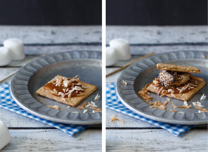 Make your own Samoas cookie s'mores with coconut and caramel.