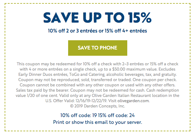 Up To 15 Off Olive Garden W Rare Coupon The Krazy Coupon Lady