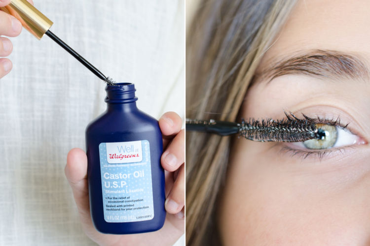 Woman applying castor oil to her eye lashes.