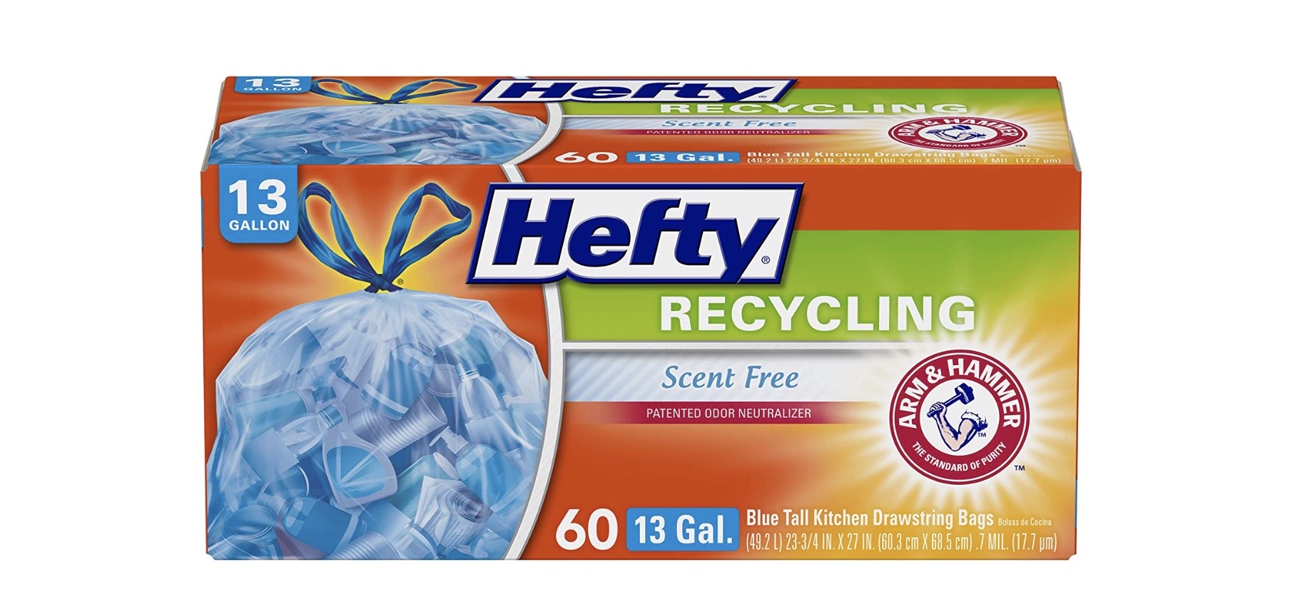 Hefty Recycling Trash Bags, Blue, 13 Gallon, 60 Count Scent Free, Recyclable