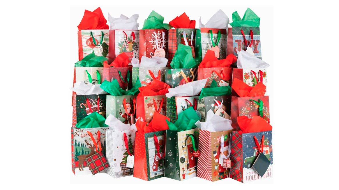 Bright Creations 24 Pack Christmas Gift Bags Bulk with Handle & Tissue Paper for Xmas Present Wrapping, Holiday Party Favor Goodie Bag, 10 in
